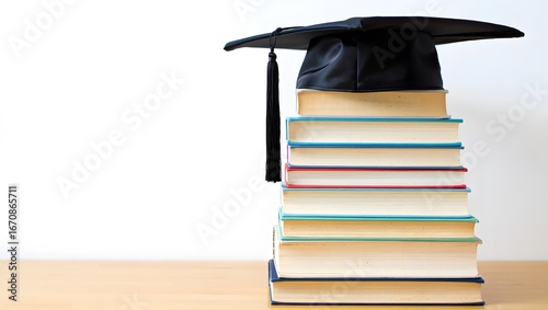Graduation cap atop a stack of colorful textbooks; academic achievement concept.