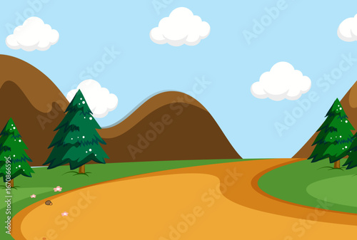 Scenic Nature Landscape with Pine Trees and Rolling Hills Under a Cloudy Sky