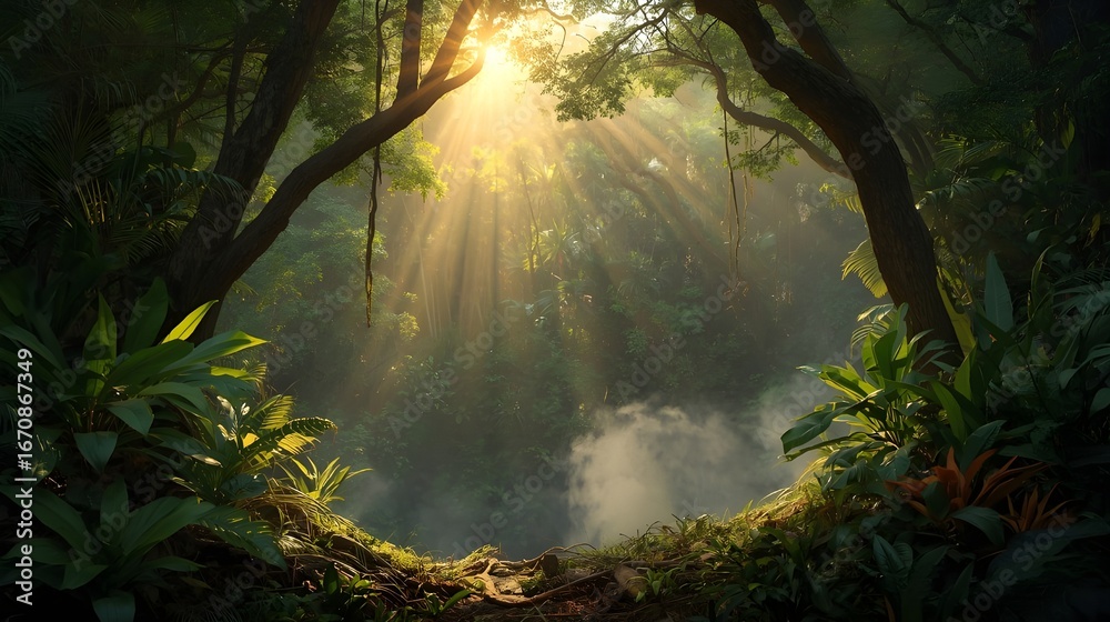 Obraz premium sun rays through the forest