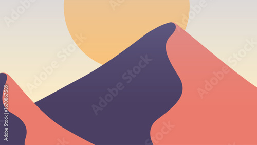 Desert Landscape at Sunset with Rolling Dunes and a Large Sun