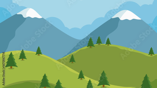 Scenic Mountain Landscape with Green Hills and Evergreen Trees under a Cloudy Sky