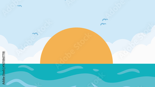 Sunset Over The Ocean With Gentle Waves And A Few Birds Flying In The Sky