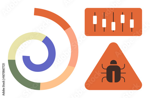 Circular progress chart, candlestick chart, and bug warning sign emphasize data tracking, error detection, and system optimization. Ideal for technology, analytics, troubleshooting, coding