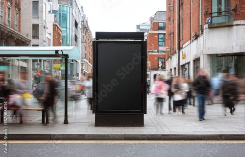 Busy city street, blank billboard
