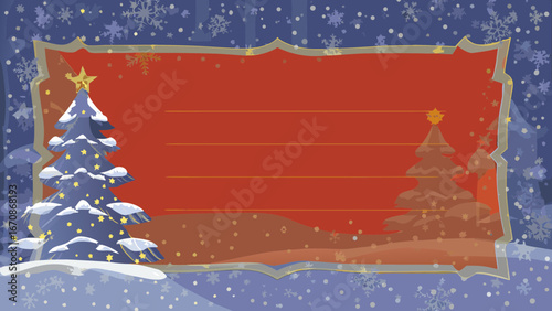 Holiday-themed banner design with snowflakes and decorated fir trees