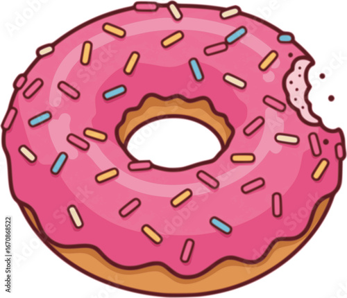Vector Pink Donut Strawberry Flavor Bitten Sprinkle the crust on top. Isolated on white background