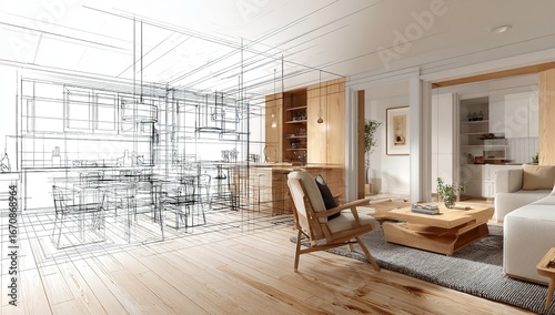 Detailed architectural plan of a minimalist kitchen with wooden slat wall, central wooden table, blueprint markings, and perspective view on a white background