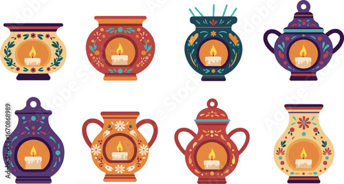 Collection of eight decorative candle holders with floral designs on transparent background