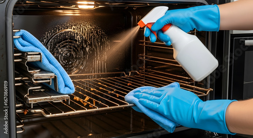 cleaning dirty oven with spray and cloth gloves home