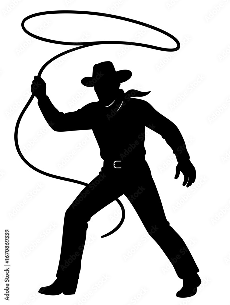 Obraz premium Cowboy swinging lasso overhead — western ranch silhouette of wrangler in wide hat and boots preparing rope loop for catching cattle, rodeo action, wild west tradition and frontier lifestyle.