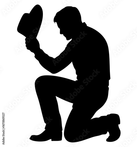 Silhouette of cowboy kneeling on one knee, holding hat in respect, paying tribute at grave or flag, symbol of Wild West honor and tradition