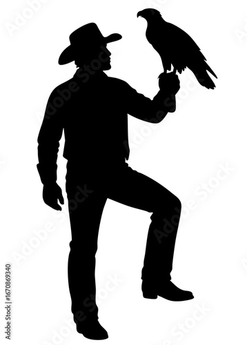 Cowboy with eagle perched on raised hand, standing in hunter style with one foot lifted on rock, symbol of wild west strength, freedom, falconry and frontier wilderness spirit