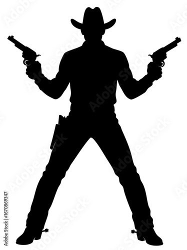 Silhouette of cowboy standing with wide legs, holding two revolvers in each hand, gunslinger of Wild West ready for duel or showdown
