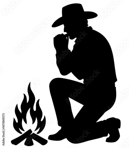 Cowboy silhouette sitting by campfire playing harmonica, classic western scene of solitude, music, reflection and the rugged spirit of the American frontier nights