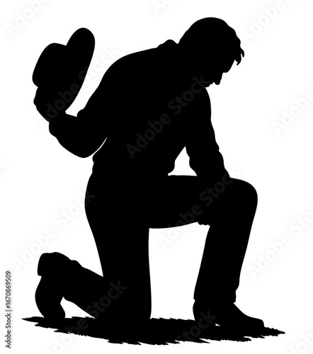 Silhouette of cowboy kneeling on one knee with hat in hand, bowing head in respect, symbol of honor, prayer, respect, remembrance and western tradition