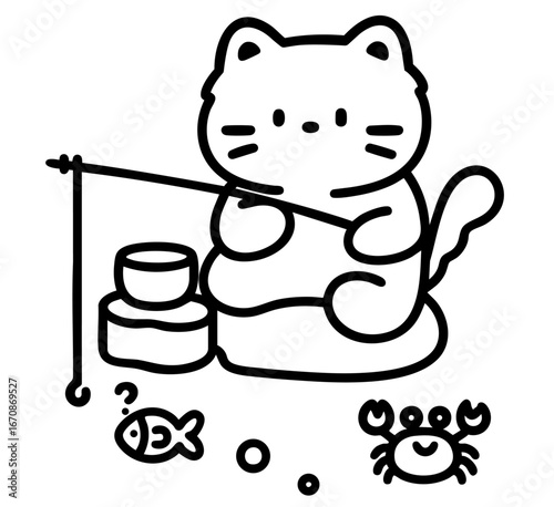 Ice Fishing Cat — sitting with fishing rod, waiting for a catch while a curious crab sneaks nearby