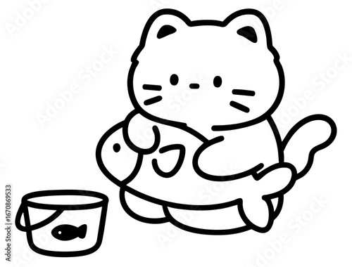 Cat with Big Catch — happy fishing cat proudly holding a huge fish, bucket full of fresh seafood by his side