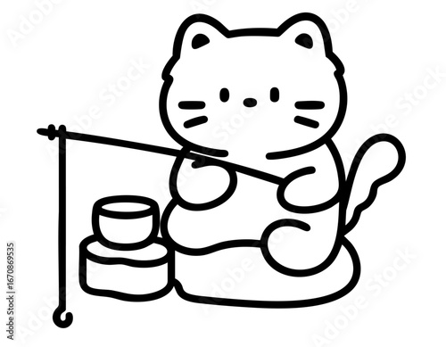 cat calmly fishing, sitting on a small cushion with a bucket nearby, waiting for fish to appear. Ideal for stickers, emojis, Japanese stationery, and kids’ books.