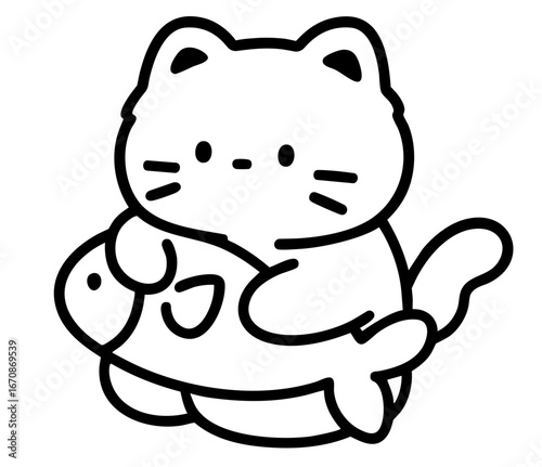 cat tightly hugging a large fish, looking proud and joyful after catching it. Perfect for stickers, scrapbooking, Japanese stationery, emojis, or children’s illustrations.