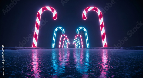Neon-lit candy canes in various sizes with pink, blue and white stripes reflecting on a wet surface at night.