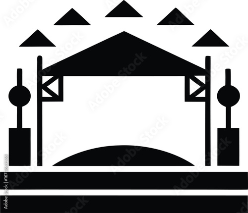 Event Stage Silhouette: A stark black silhouette of an event stage, perfectly crafted for events, concerts, and celebrations. It evokes a sense of anticipation and the coming event's exciting energy.