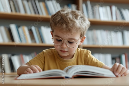Cute child reading a book in the library wearing eyeglasses