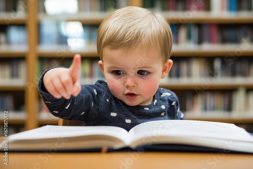Curious baby pointing finger while reading book in library