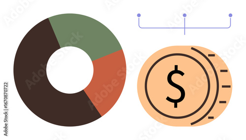 Pie chart with sections in brown, green, and orange next to a dollar coin and connector lines. Ideal for finance, budgeting, analytics, economy, profit, business strategy simple flat metaphor