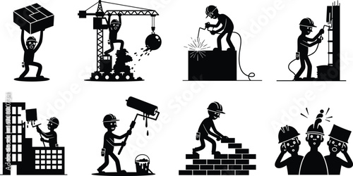 Black and white construction worker silhouettes, welding, bricklaying, painting, crane demolition, drilling, lifting boxes, building staircase, teamwork, industrial labor scenes