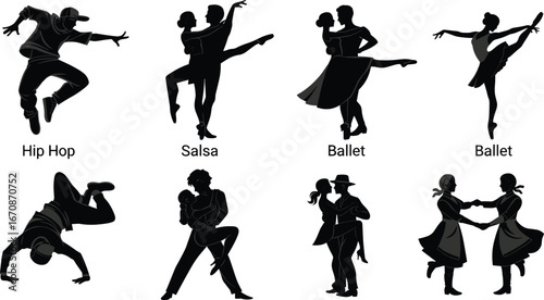 Black and white dance silhouette, hip hop, salsa, ballet, couple dance, solo pose, performance, artistic movement, stage, cultural expression