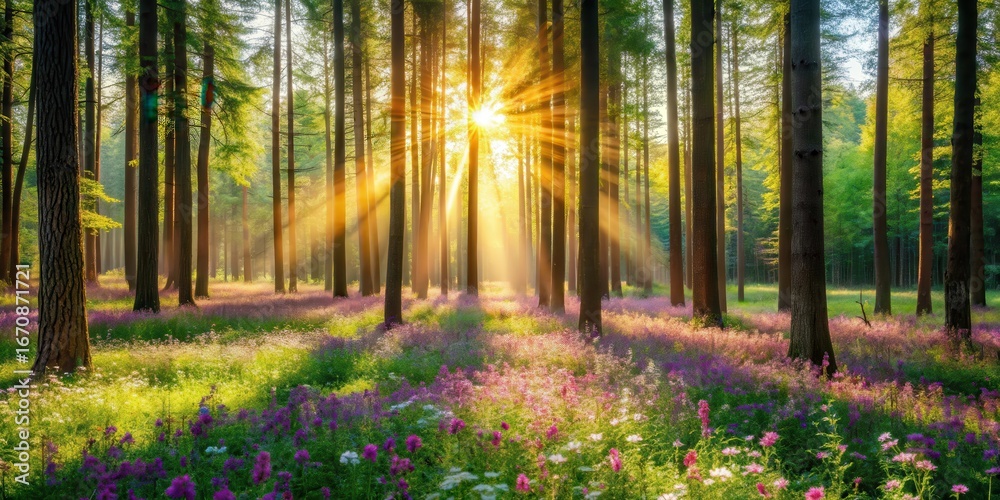Obraz premium Serene forest landscape with tall trees and vibrant wildflowers blooming under sunlight filter, vegetation