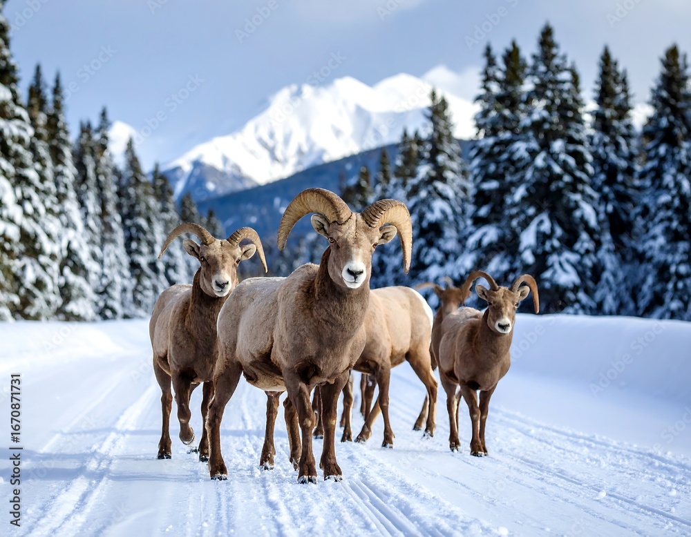 Naklejka premium Bighorn Sheep Winter Mountain Road.