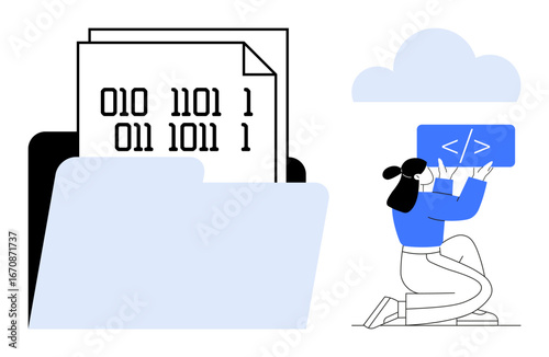 Female coder kneeling with a programming block, file folder containing binary files, and a subtle cloud icon. Ideal for technology, programming, cloud storage, coding, software development, data