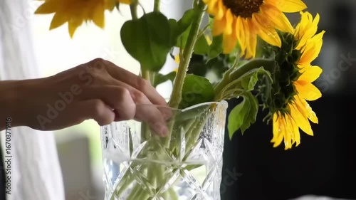 Hands arranging sunflowers in a glass vase
