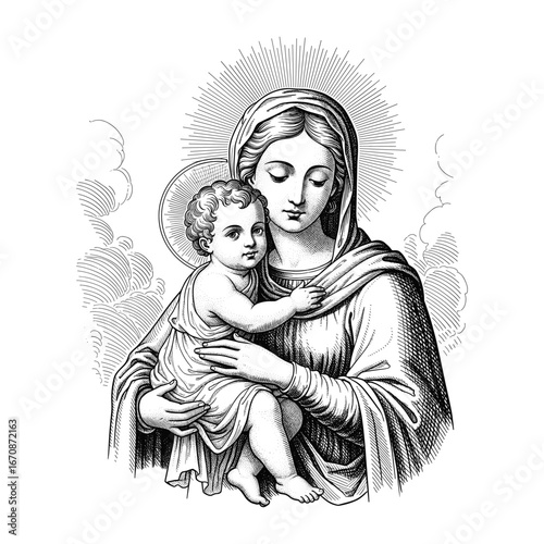Engraving of Virgin Mary holding the Baby Jesus with a holy halo
