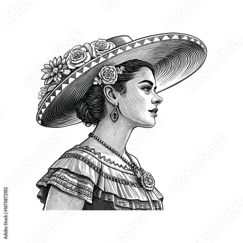 Engraving of an elegant Latina woman wearing a traditional Mexican dress and a large floral hat