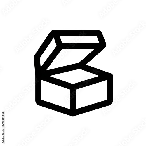 Black line art box icon on white shows simple geometric design. Use for app UI, website asset, packaging mockup.