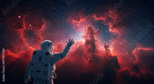 An astronaut in a spacesuit reaches out towards a vibrant, red and blue nebula in deep space, surrounded by stars and cosmic dust.