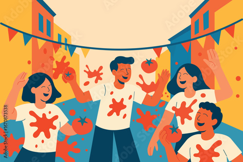 La Tomatina Festival Illustration – People Throwing Tomatoes in Street Celebration