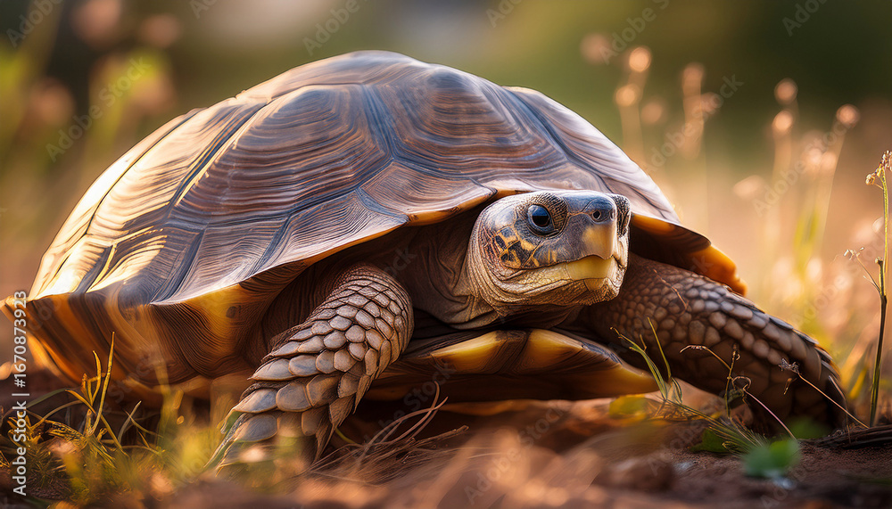 Fototapeta premium calm tortoise in nature close up of this reptiles textured shell amidst grass and earthy tones
