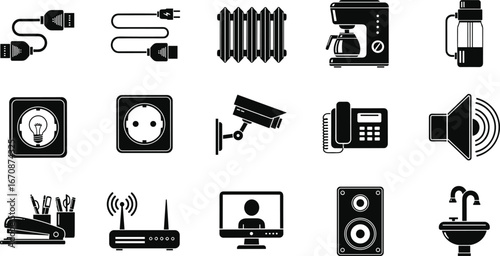 Vector set of black electronic devices icons, office appliances, home gadgets, communication tools, smart technology symbols, security equipment, and household utilities collection