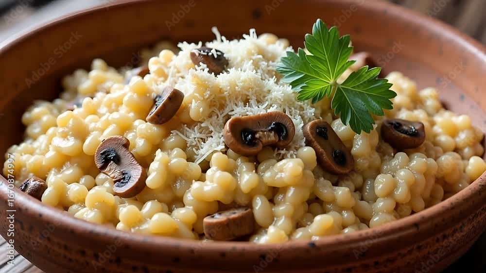 Delicious mushroom risotto with parmesan cheese, a warm and comforting meal in a rustic bowl, perfect for food blogs and culinary projects Delicious mushroom risotto with parmesan cheese, a warm and comforting meal in a rustic bowl, perfect for food blogs and culinary projects