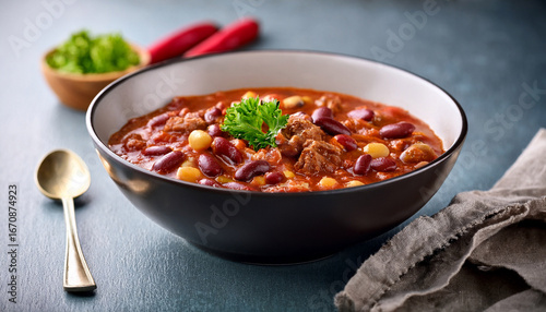 bowl of chili con carne n hearty spicy stew with beef and beans