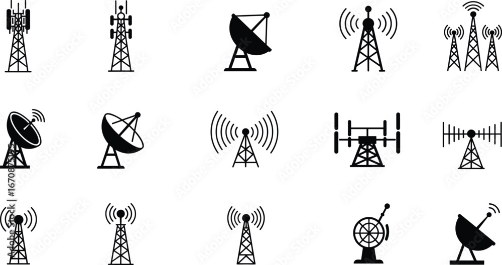 Naklejka premium Vector collection of communication towers, satellite dishes, radio antennas, and signal transmitters in black silhouette style, isolated on white background for design use.