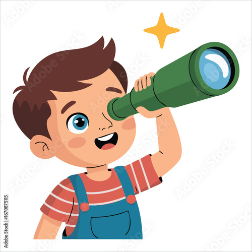 adorable child astronomer exploring stars with spyglass vector art isolated on white background