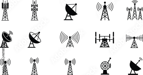Vector collection of communication towers, satellite dishes, radio antennas, and signal transmitters in black silhouette style, isolated on white background for design use.