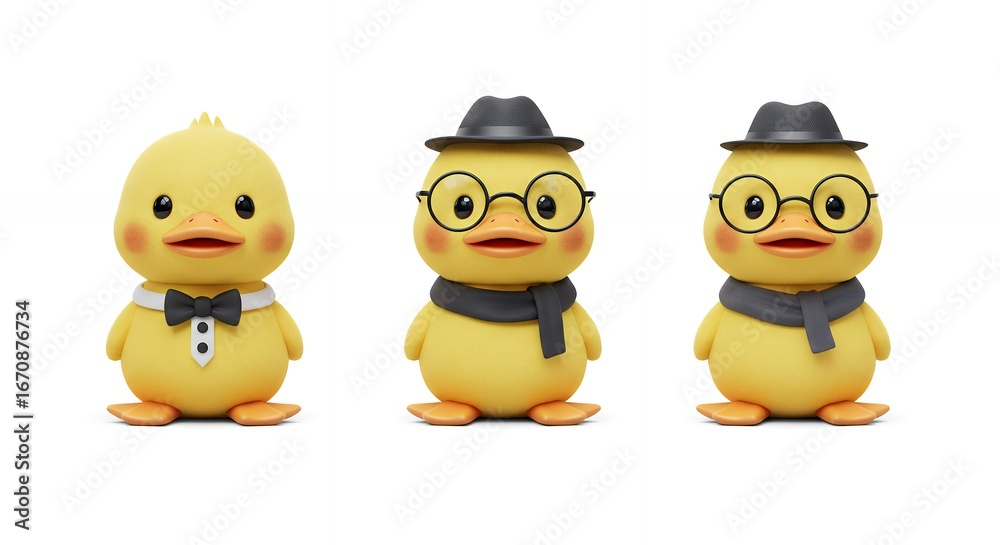 Fototapeta premium Three cute yellow ducklings in different outfits