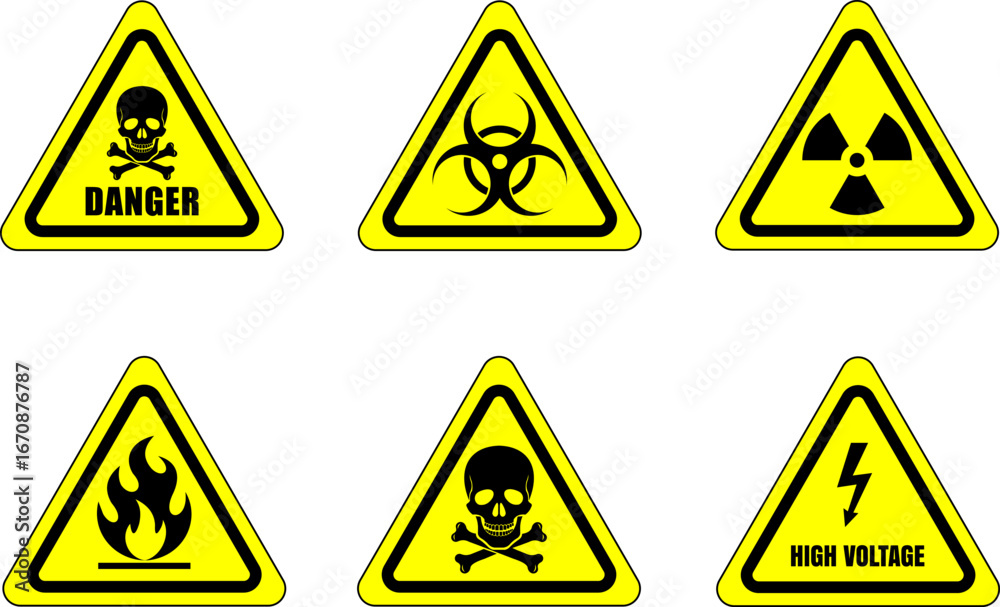Set of six yellow triangular warning signs depicting various hazards – danger, biohazard, radiation, fire, skull, and high voltage. Vector illustration Set of six yellow triangular warning signs depicting various hazards – danger, biohazard, radiation, fire, skull, and high voltage. Vector illustration