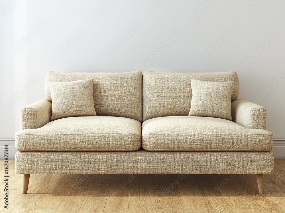 Fototapeta premium A modern house or luxury hotel has a large living room with an empty wooden floor, where a beige sofa is placed near a blank wall, as shown in a cozy home interior 3d rendering with a beach and sea