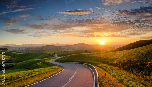 sunrise journey a winding road disappears into a vibrant sunrise over rolling hills symbolizing a path towards new beginnings and endless possibilities